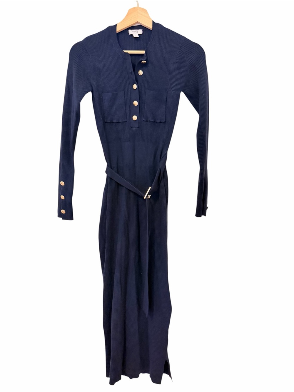 REISS Willa Ribbed Midi Dress Navy Long-Sleeve Maxi Dress with Belt - Picture 2 of 11